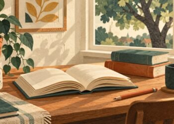 Намальовані книги й олівець на столі біля вікна. Редакційна ілюстрація.
