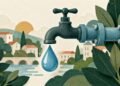 Намальовані водопровідний кран, труба та крапля води. Редакційна ілюстрація.
